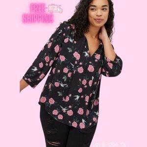 Torrid Floral & Bird Print Georgette Bow Tie Blouse – Size 5